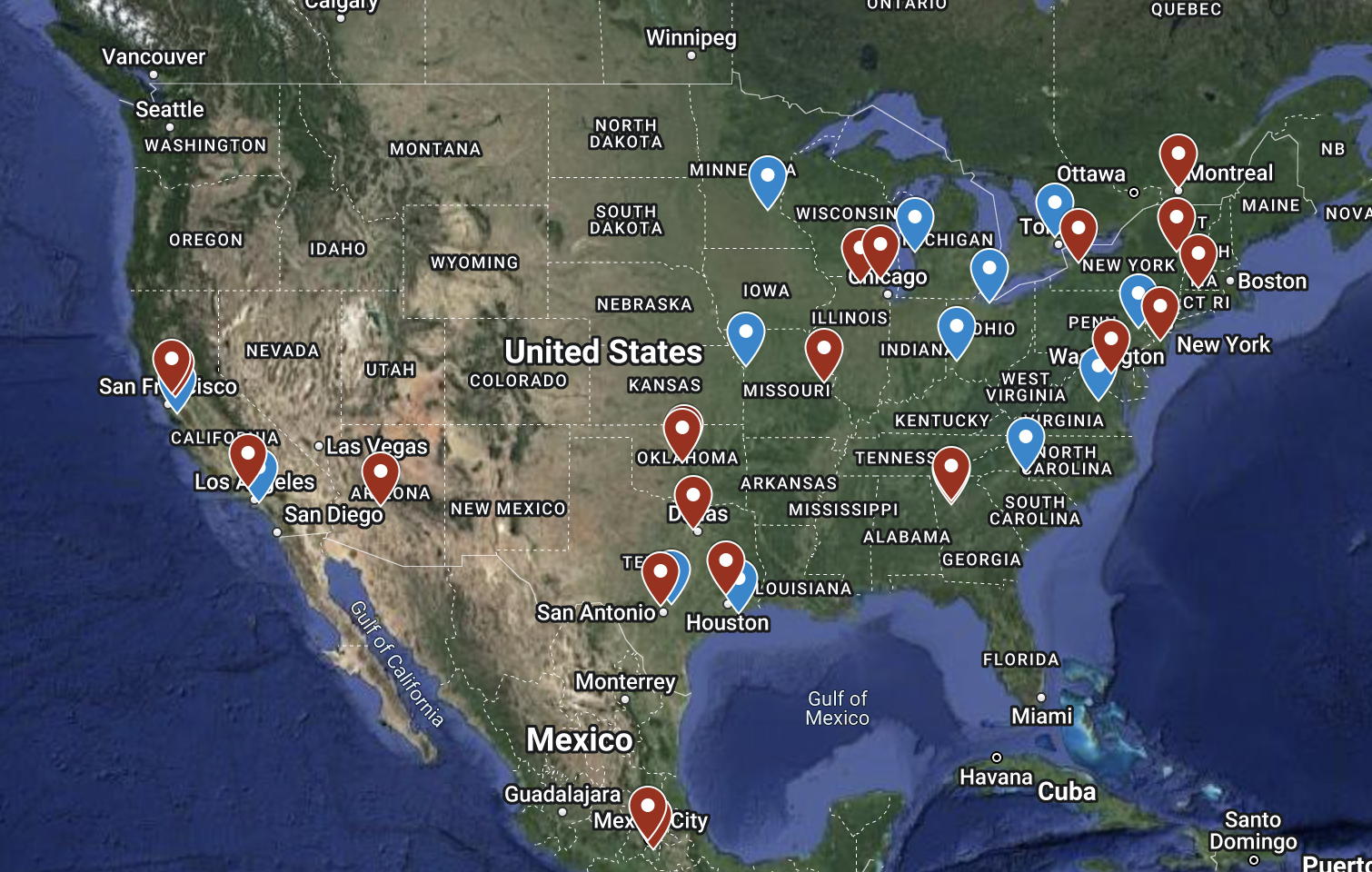 List of Cedar Fair (Blue) and Six Flags (Red) Properties. (Google Maps User: Evan G)